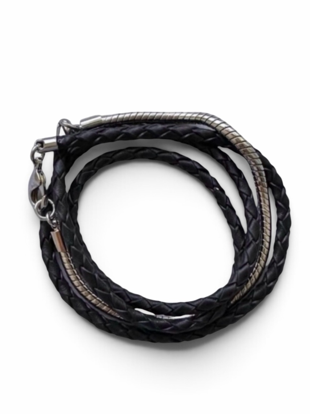 BeBe Black Woven Leather and Silver Chain Wrap Bracelet